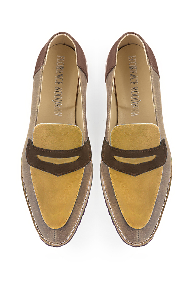 Tan beige, mustard yellow and chocolate brown women's casual loafers. Round toe. Flat rubber soles. Top view - Florence KOOIJMAN